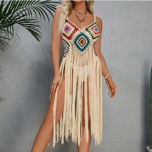 Crochet Fringe Beach Cover-Up Top with Colorful Diamond Motif